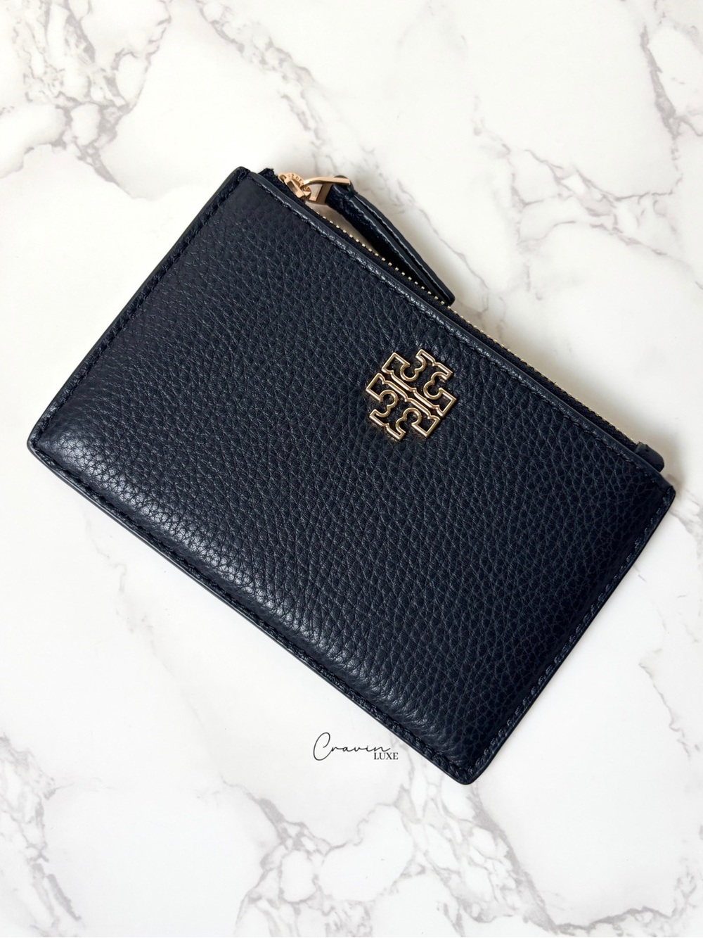 New Tory Burch Pebbled Leather Zip Card Case Wallet Black